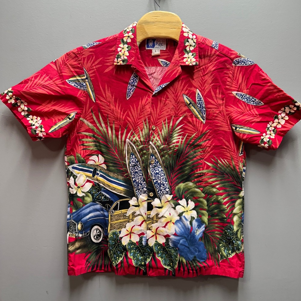 RJC Hawaii Mens Large Red Tropical Surf Woody Wagon Hibiscus Aloha Camp Shirt